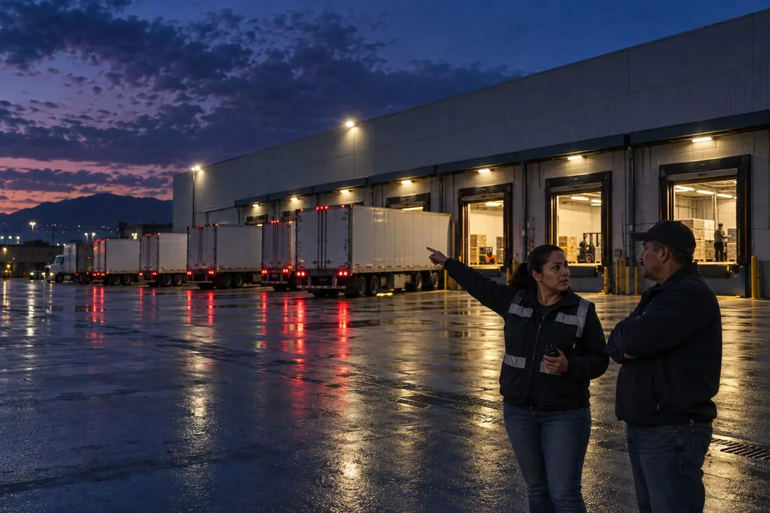 Supervisores frente a los andenes de carga de un centro de distribución